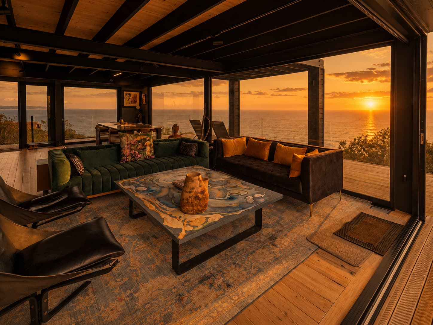 A luxury home interior opening onto the ocean at golden hour